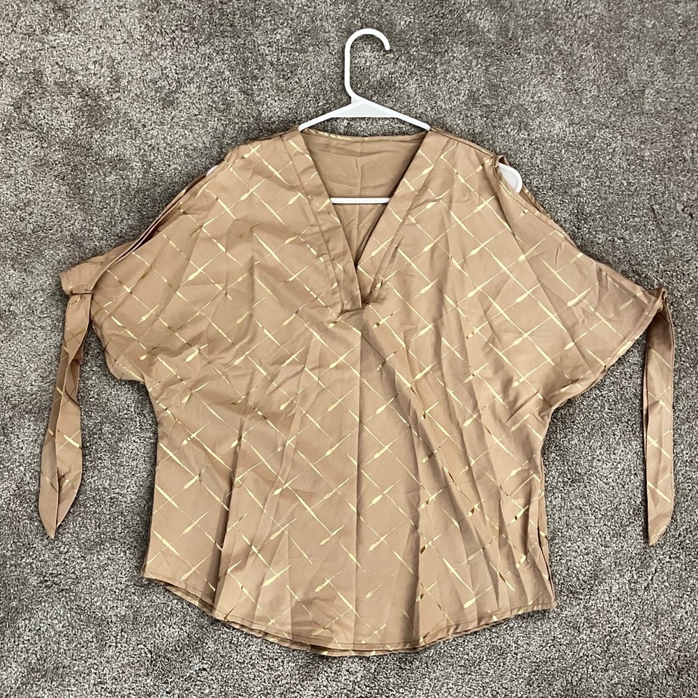 SHEIN Taupe Blouse with Gold Diagonal Accents and Tie Sleeves